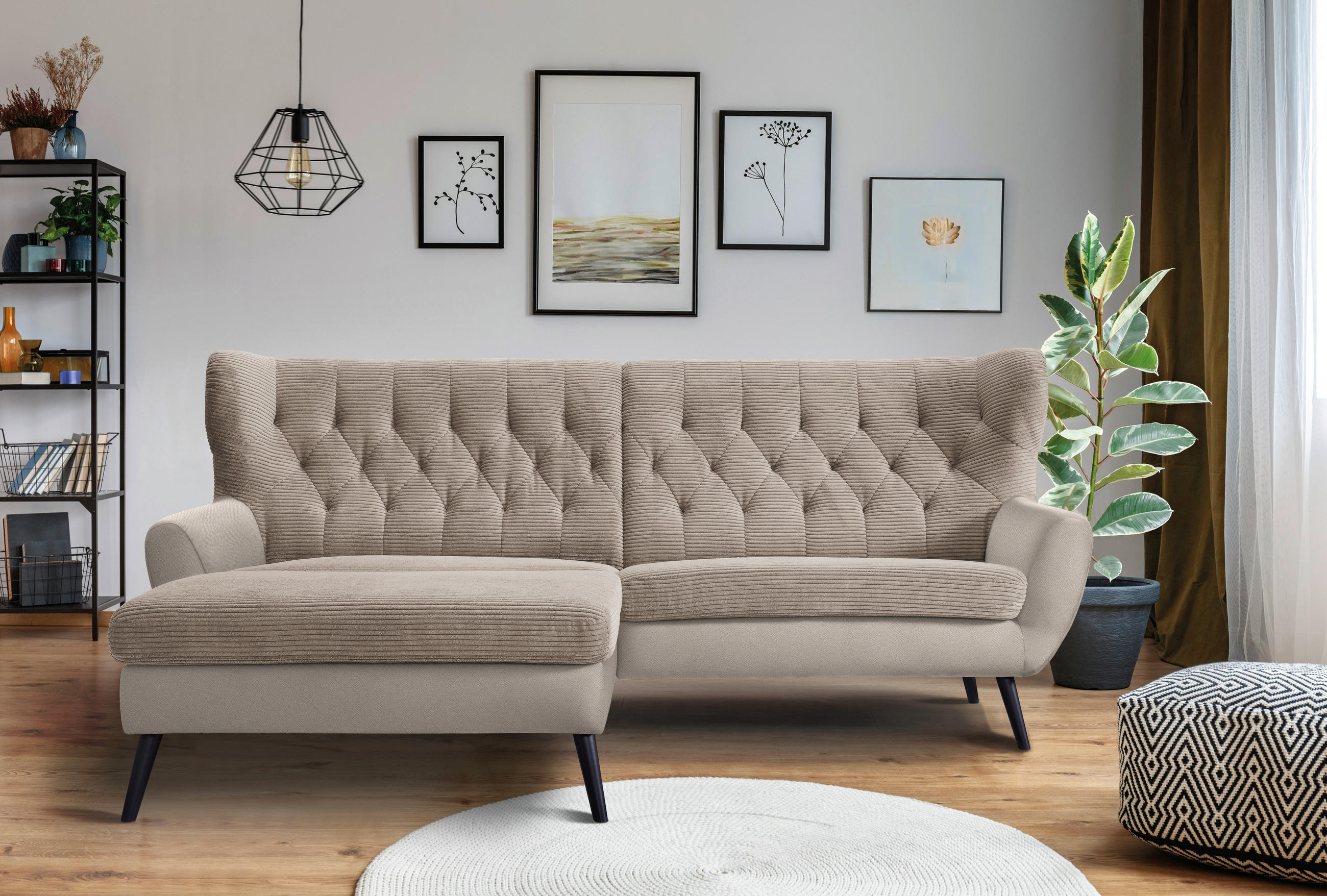 ECKSOFA in Cord Beige  - Beige/Schwarz, Design, Holz/Textil (165/237cm) - Stylife