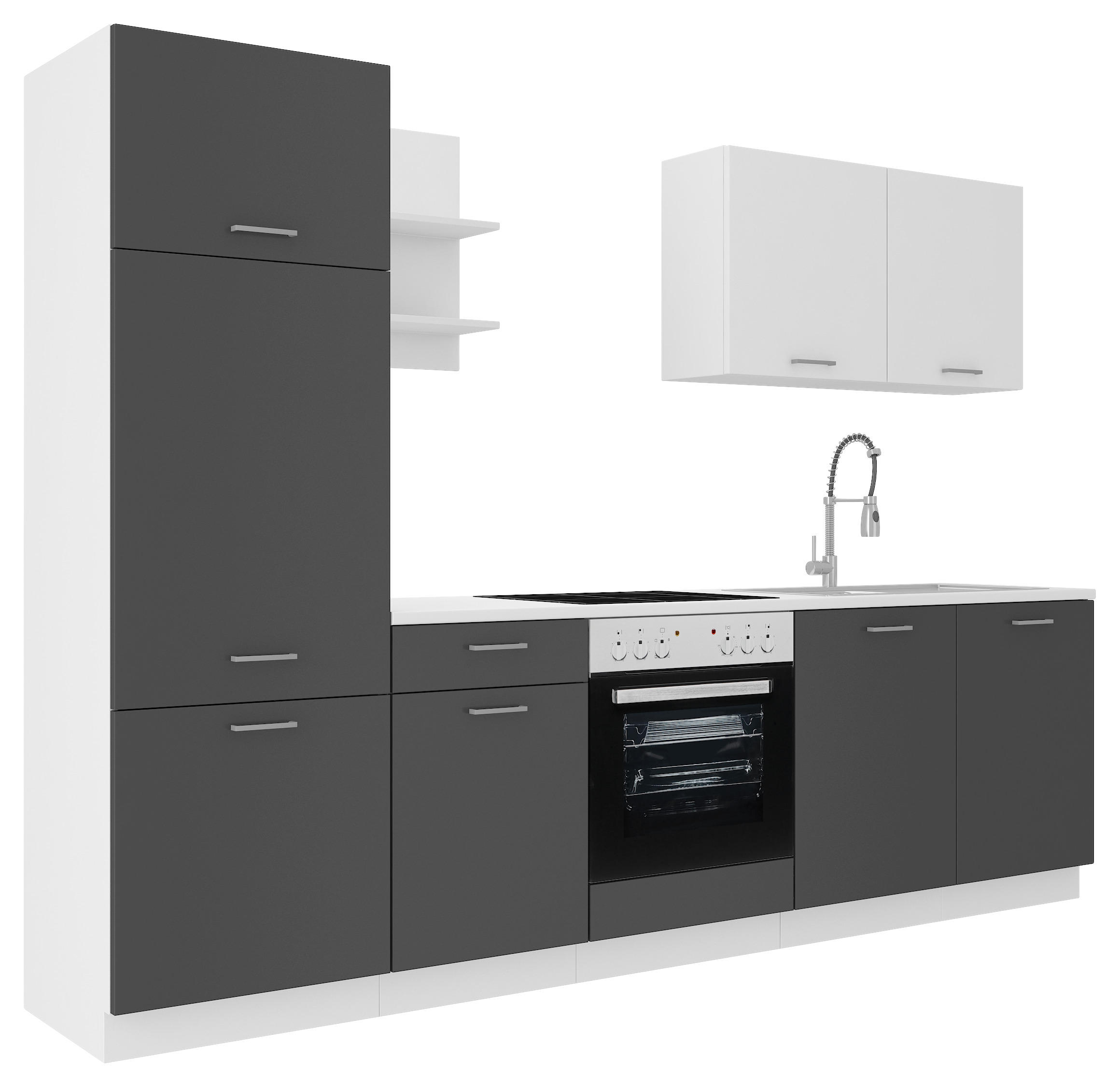 BUCĂTĂRIE FĂRĂ ELECTROCASNICE  - alb/gri, Konventionell, material pe bază de lemn (270cm)