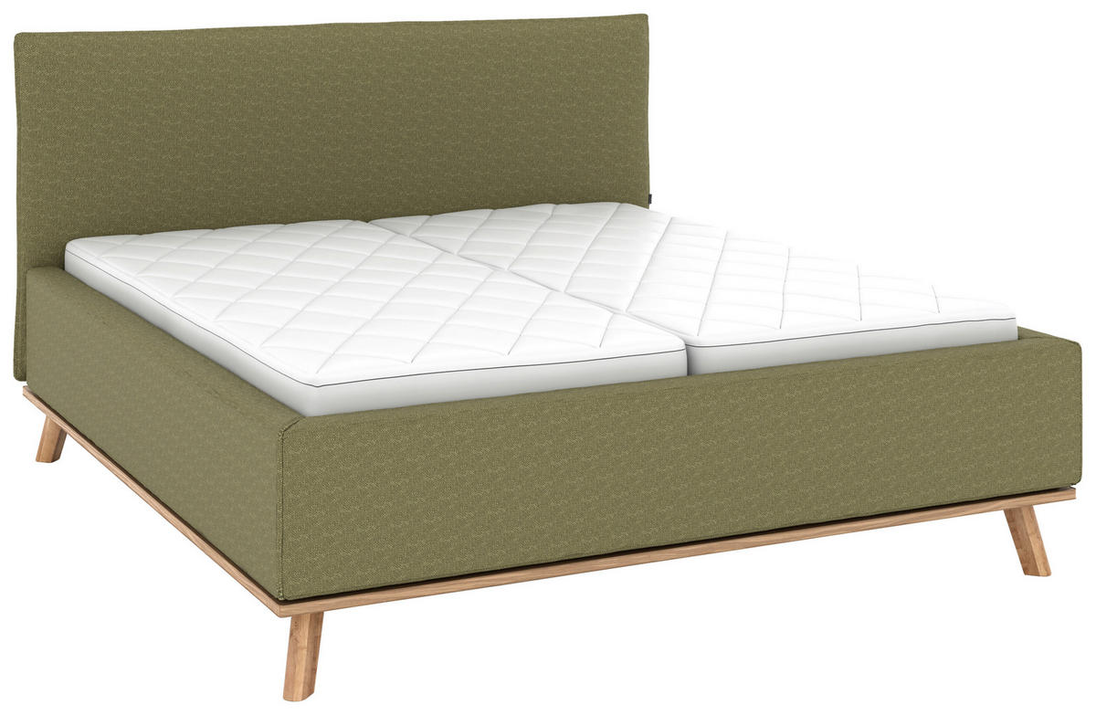 POLSTERBETT 160/200 cm,  in Olivgrün, Matratze, Lattenrost, Bettkasten, H2 + H3 = mittel + fest  - Eichefarben/Weiß, Design, Holz/Textil (160/200cm) - Musterring