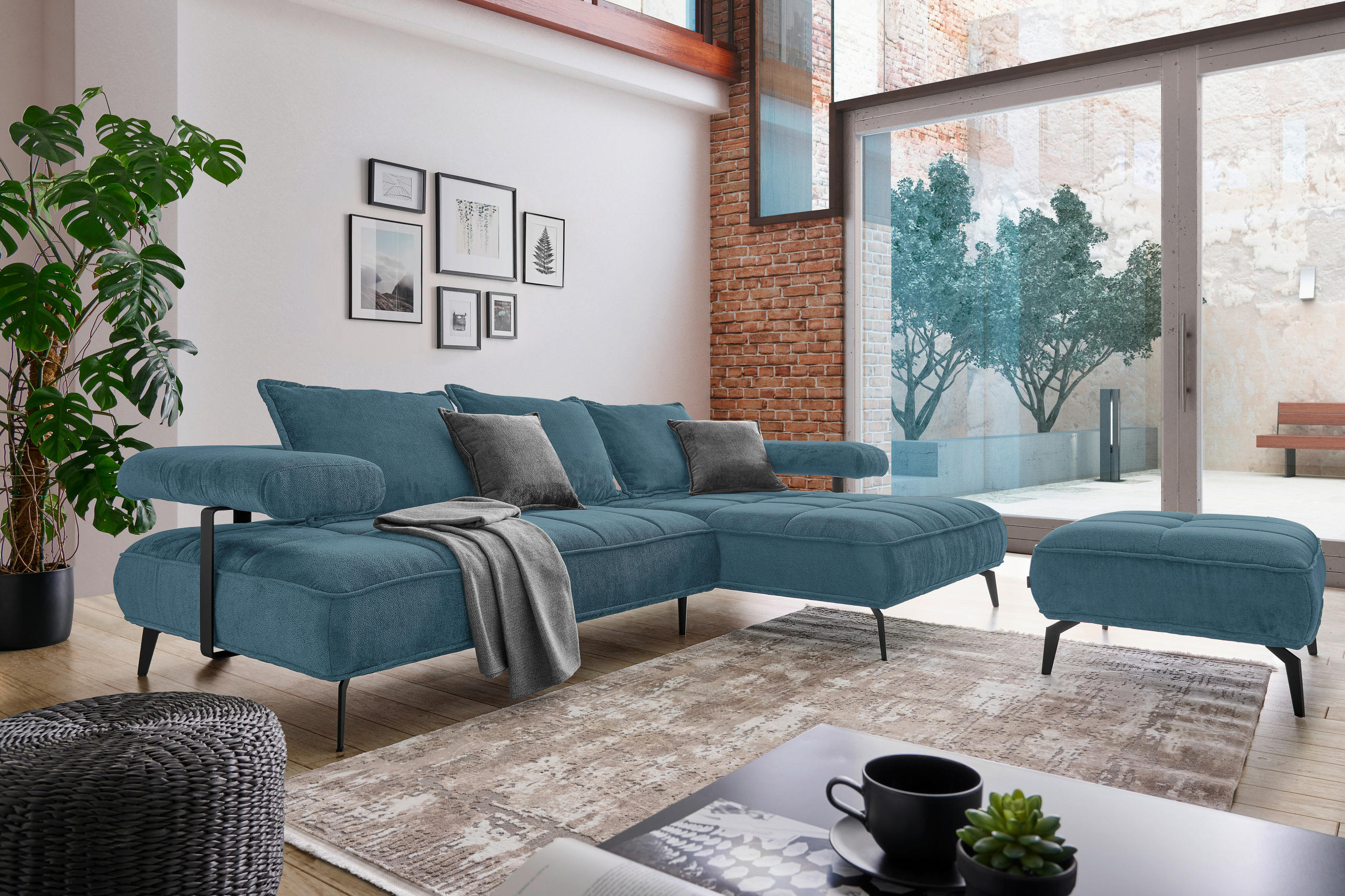 Thumbnail - Welnova Ecksofa, Blau, Textil, Uni, 3-5-Sitzer, Ottomane rechts, L-Form, 266x180 cm, Made in EU, Stoffauswahl, seitenver...