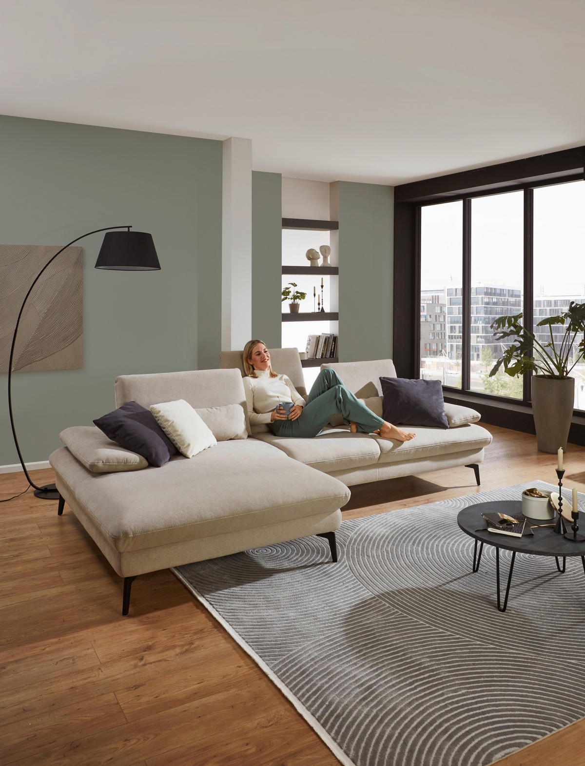 ECKSOFA in Mikrofaser, Chenille Ecru  - Ecru/Schwarz, Design, Textil/Metall (157/299cm) - Dieter Knoll