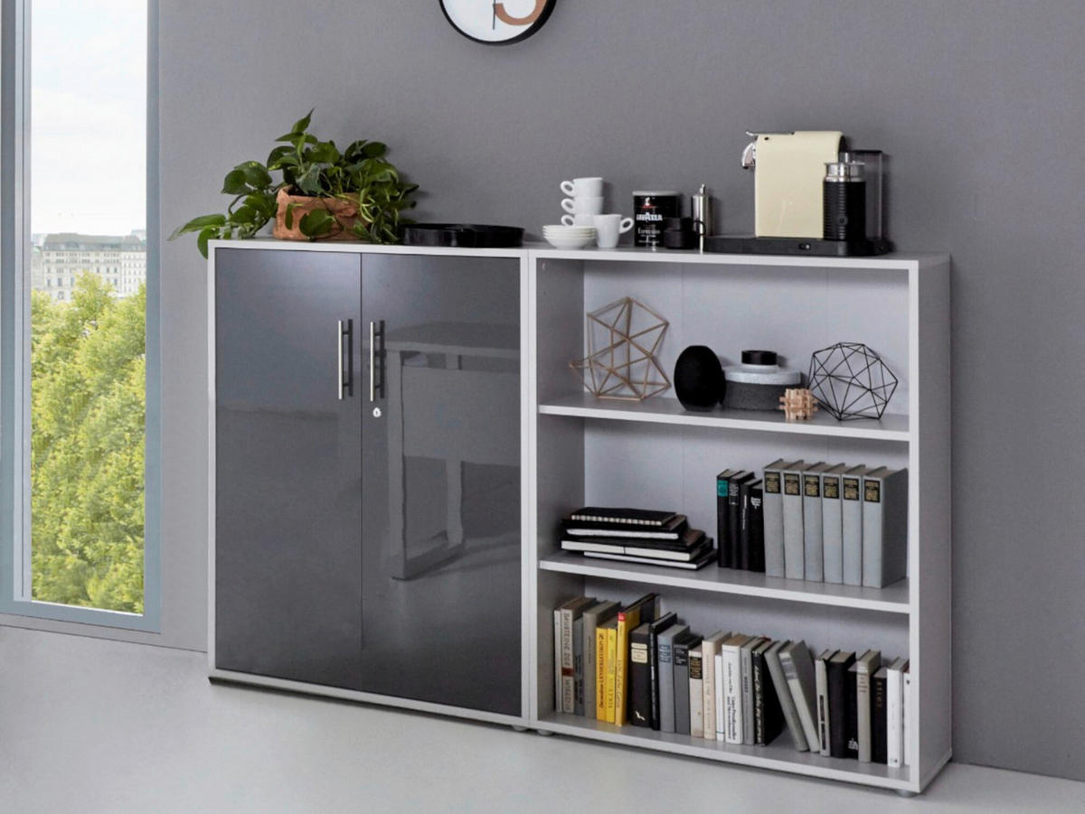 BÜRO erweiterbar, abschließbar Grau, Anthrazit Hochglanz - Anthrazit Hochglanz/Grau, MODERN, Holzwerkstoff/Metall - MID.YOU