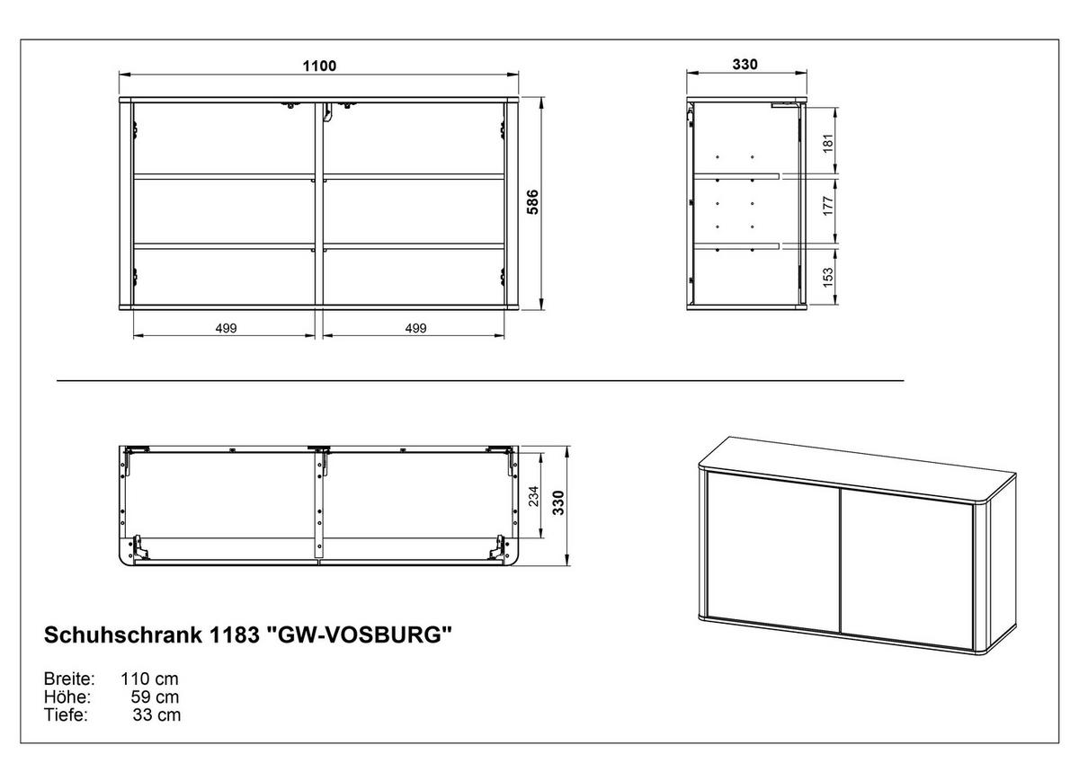 SCHUHSCHRANK  in 110/60/30 cm  - Kaschmir/Eichefarben, Design, Glas/Holzwerkstoff (110/60/30cm) - Germania