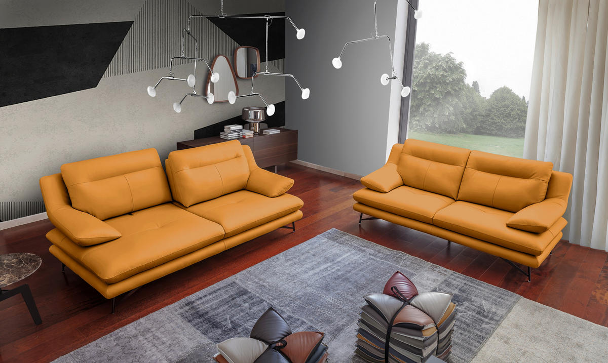 3-SITZER-SOFA in Echtleder Currygelb  - Currygelb/Schwarz, Design, Leder/Metall (215/90/109-123cm) - Calia Italia