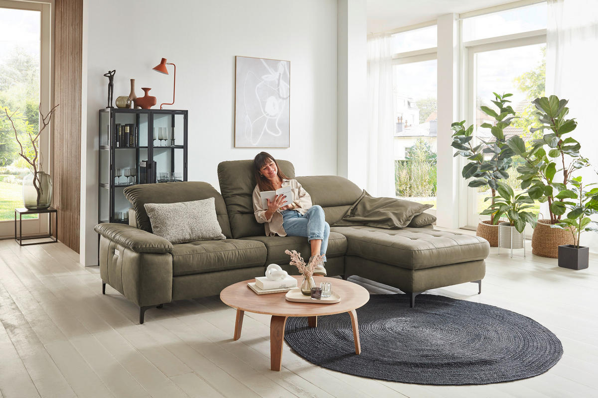 ECKSOFA in Mikrofaser Olivgrün  - Chromfarben/Olivgrün, Design, Textil/Metall (280/184cm) - Pure Home Comfort
