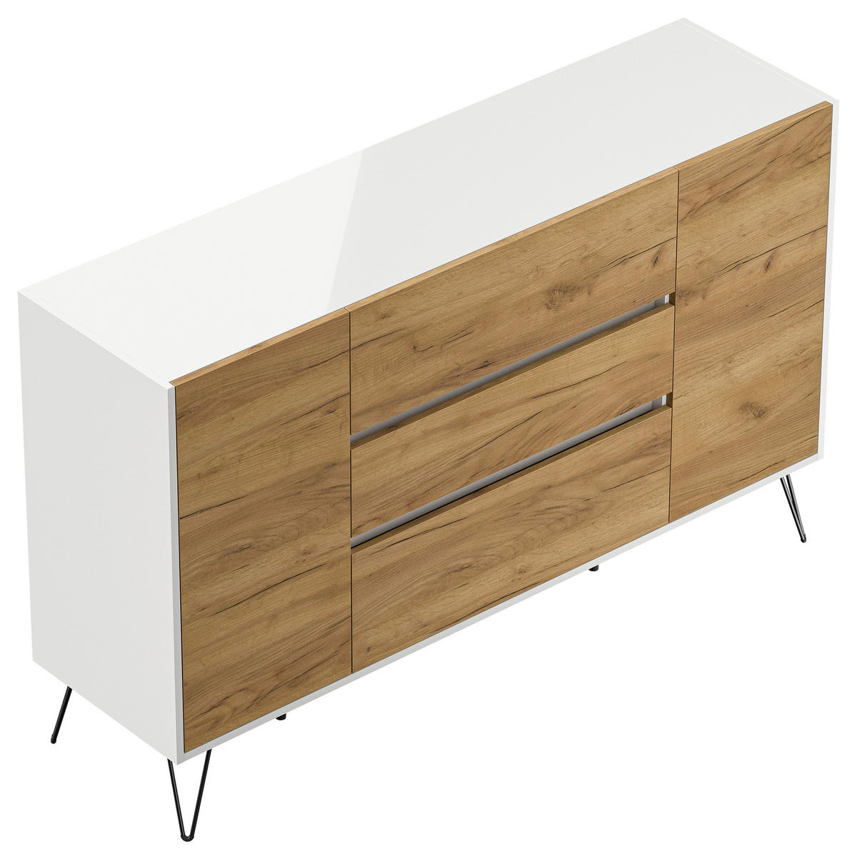 SIDEBOARD Posseik Industrial 155/93,6/42 cm 3 Schublade(n)  - Eichefarben/Weiß Hochglanz, Design, Holzwerkstoff/Metall (155/93,6/42cm) - P & B