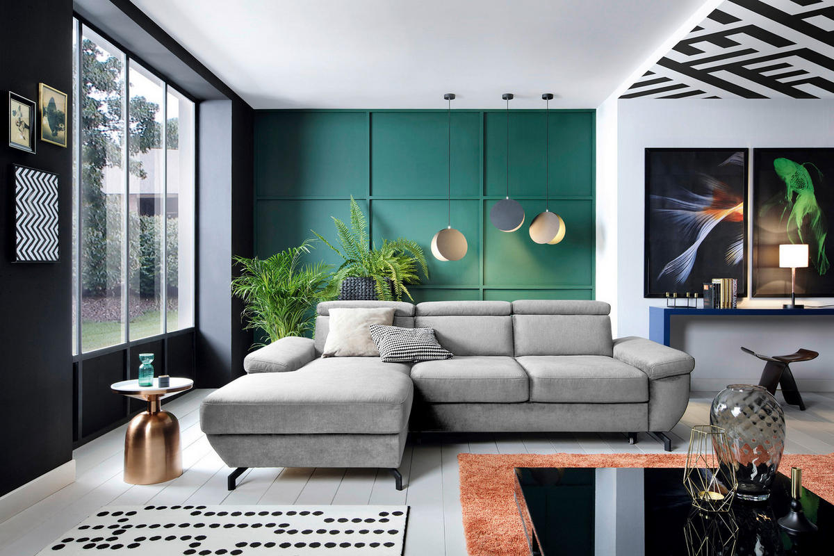 ECKSOFA in Velours Silberfarben  - Silberfarben, MODERN, Textil/Metall (182/262cm) - Trendmanufaktur