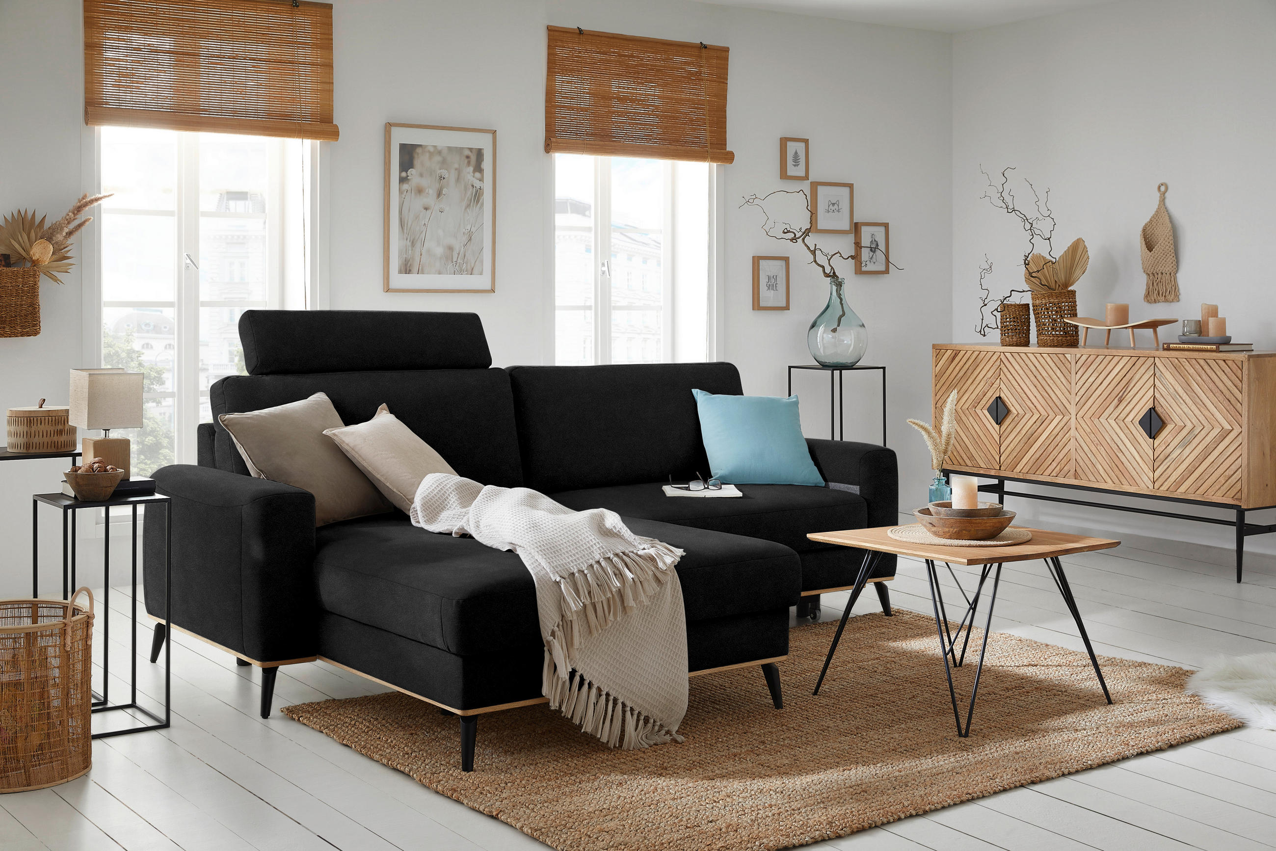 ECKSOFA in Lederlook, Mikrofaser Schwarz  - Schwarz, Konventionell, Holz/Textil (167/234cm) - MID.YOU