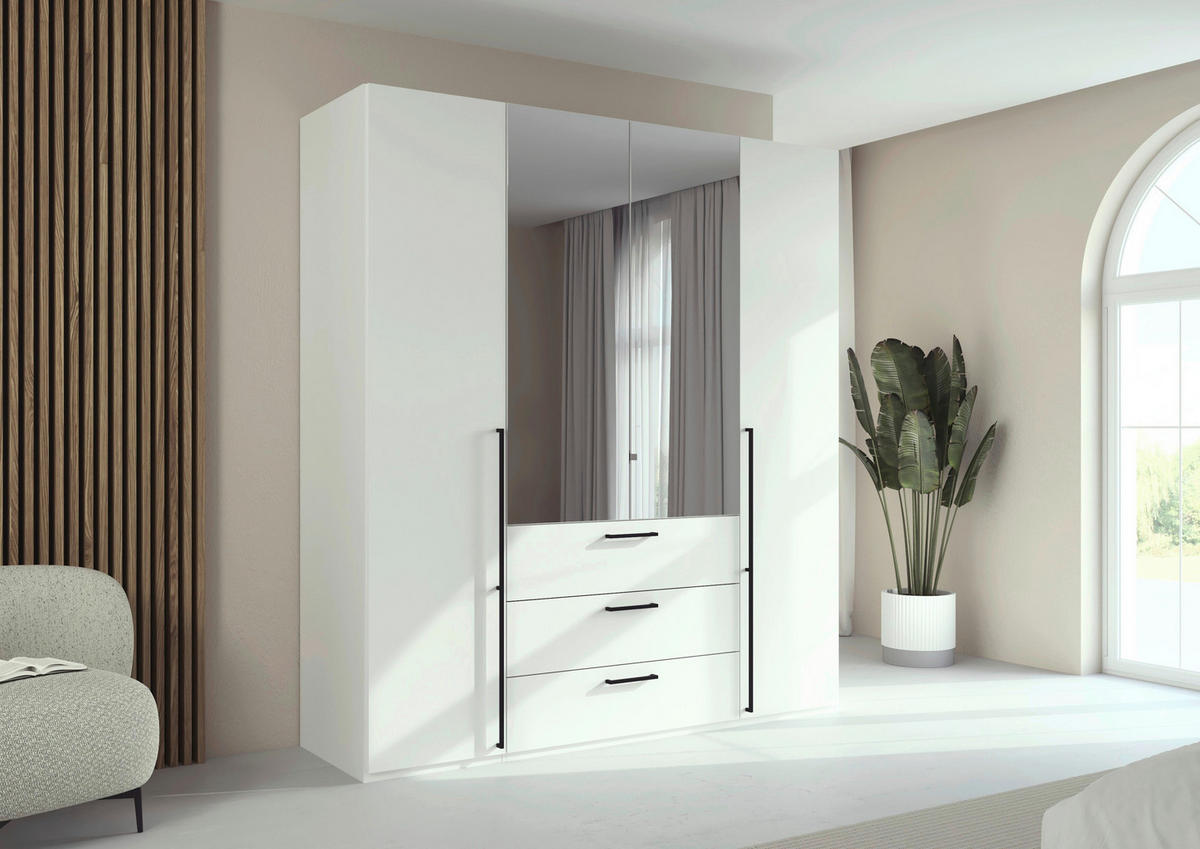 DREHTÜRENSCHRANK 201/223/61 cm,  in Weiß, 4-türig  - Chromfarben/Schwarz, Basics, Glas/Holzwerkstoff (201/223/61cm) - Novel