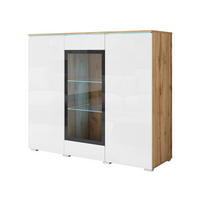 HIGHBOARD Vera, 120/103,3/39,5 cm,  - Weiß Hochglanz/Eiche Wotan, Trend, Glas/Holzwerkstoff (120/103,3/39,5cm) - P & B