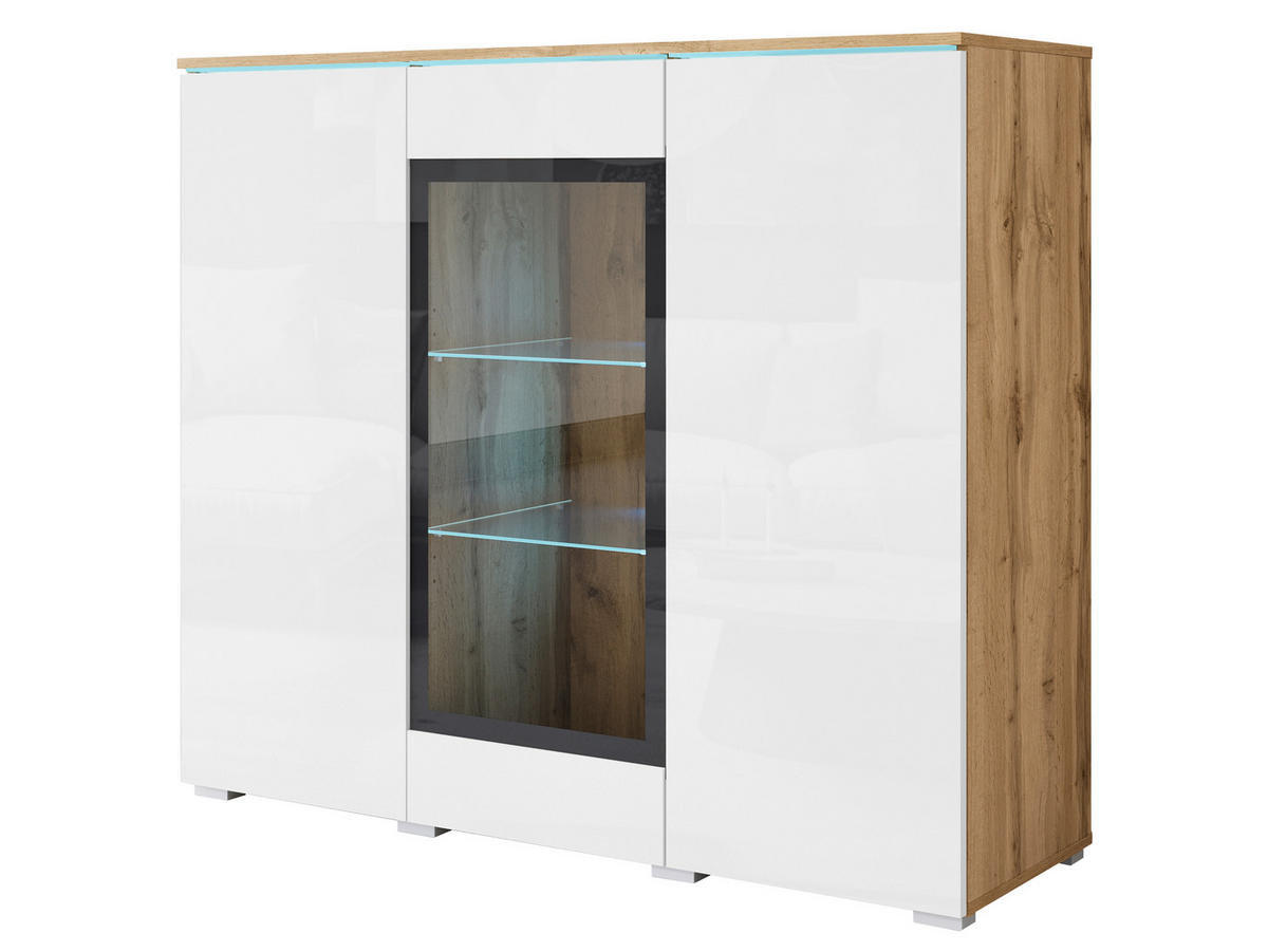 HIGHBOARD Vera, 120/103,3/39,5 cm,  - Weiß Hochglanz/Eiche Wotan, Trend, Glas/Holzwerkstoff (120/103,3/39,5cm) - P & B