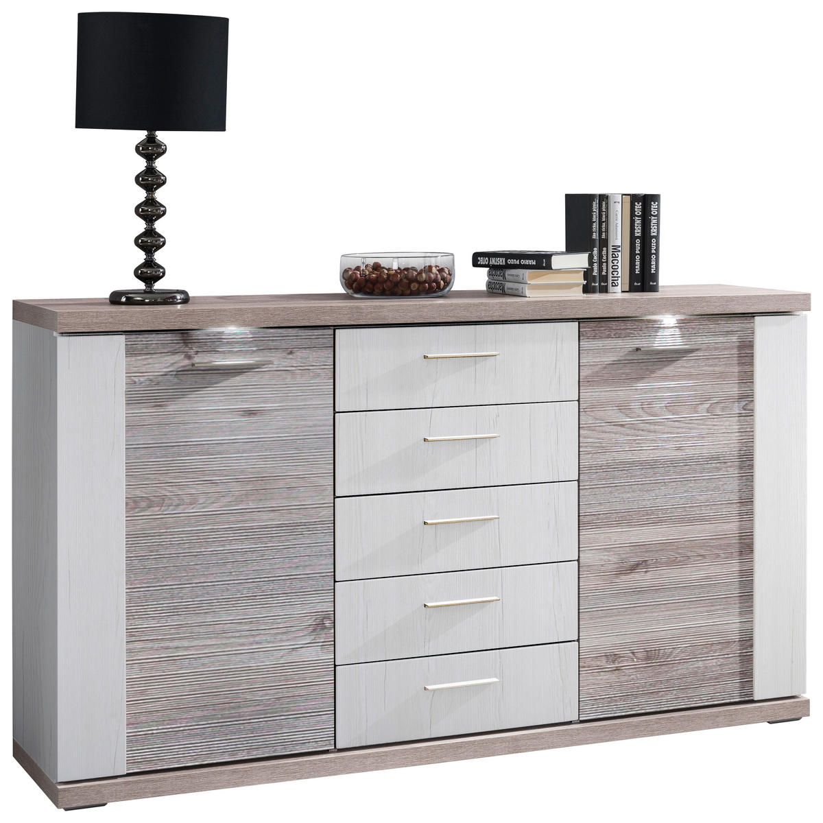 SIDEBOARD Manhattan Manhattan Weiß, Eichefarben  156/90/42 cm  - Eichefarben/Silberfarben, Design, Holzwerkstoff/Metall (156/90/42cm) - Xora