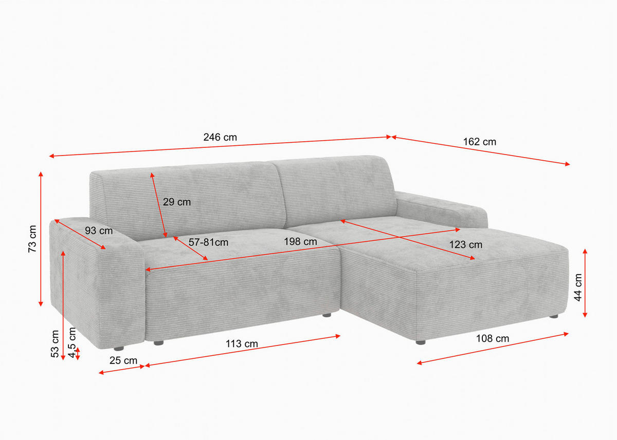 ECKSOFA WIEN in Cord Pink Bettkasten, Sitzvorzug  246/162 cm  - Pink/Schwarz, MODERN, Kunststoff/Textil (246/162cm) - Trendmanufaktur