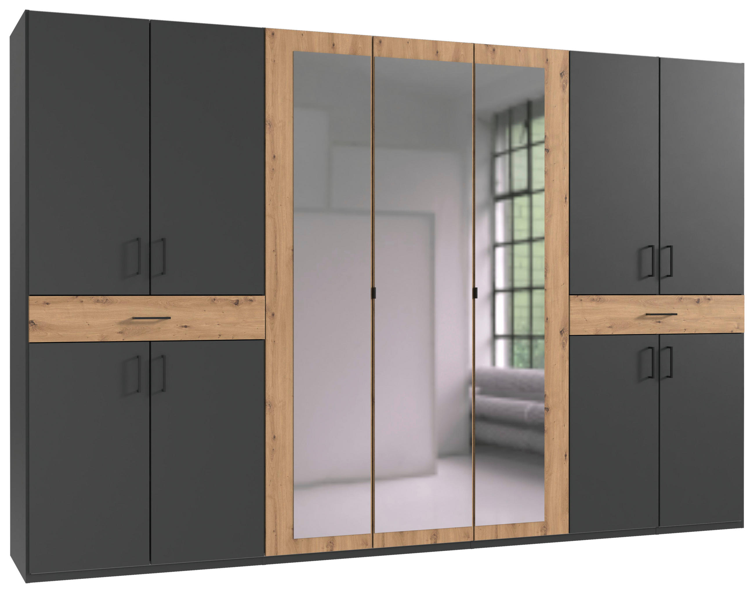 DREHTÜRENSCHRANK 313/208/58 cm,  in Graphitfarben, Eiche Artisan, 11-türig  - Schwarz/Graphitfarben, KONVENTIONELL, Glas/Holzwerkstoff (313/208/58cm) - Boxxx