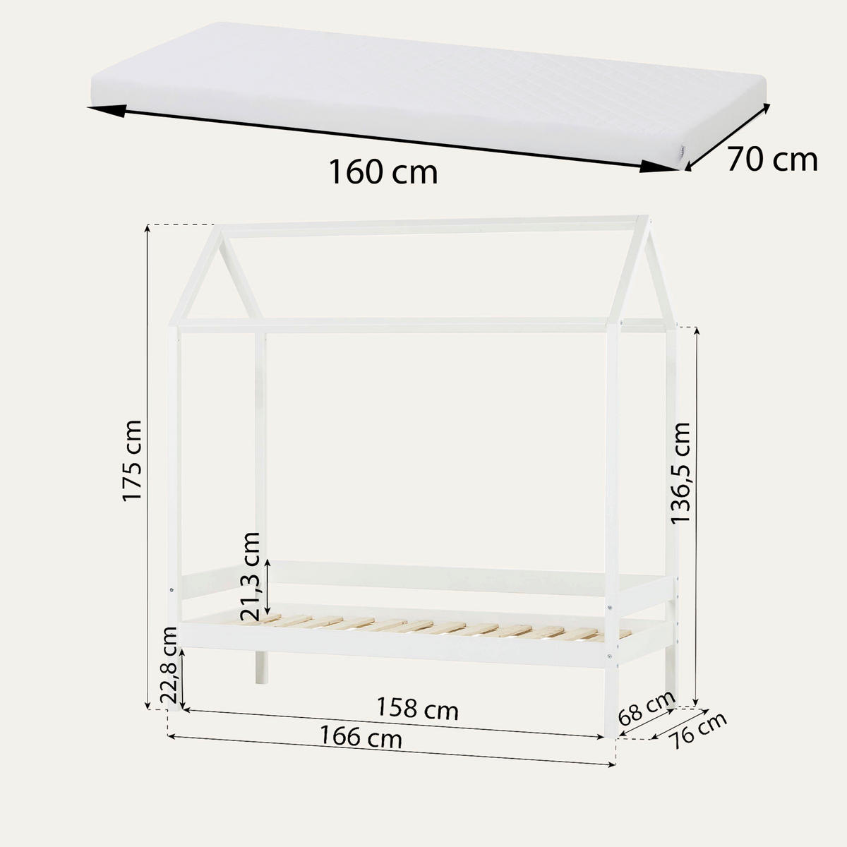 HAUSBETT Rollrost 70/160 cm  in Weiß  - Naturfarben/Weiß, MODERN, Holz (70/160cm) - MID.YOU