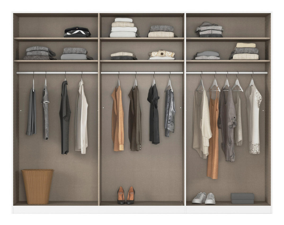 SCHWEBETÜRENSCHRANK 301/223/68 cm 3-türig Weiß, Weiß Hochglanz  - Weiß Hochglanz/Alufarben, Basics, Glas/Holzwerkstoff (301/223/68cm) - Novel
