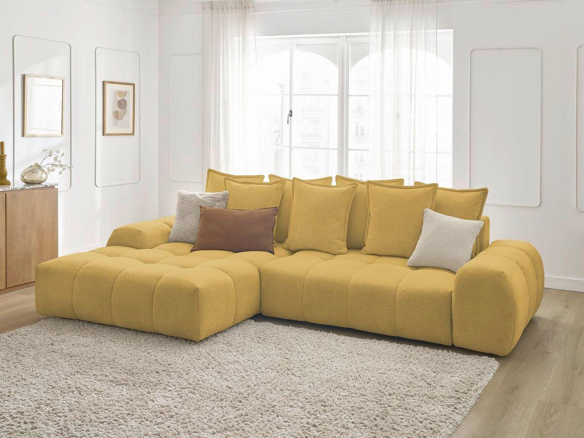 ECKSCHLAFSOFA EVEREST  mit Rücken echt, Armteil links, Armteil rechts Flachgewebe Gelb  - Gelb/Schwarz, MODERN, Kunststoff/Textil (180/318cm) - Livetastic