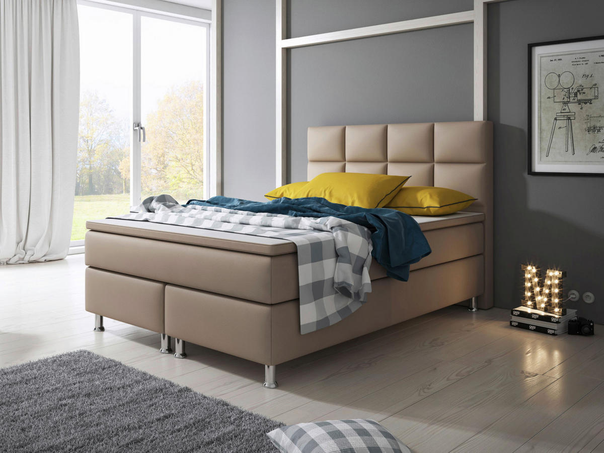 BOXSPRINGBETT  in Cappuccino, Matratze, gepolstertes Kopfteil, Topper, Matratzen, H3 + H3 = fest  - Silberfarben/Cappuccino, KONVENTIONELL, Leder/Textil (140/115/210cm) - MID.YOU