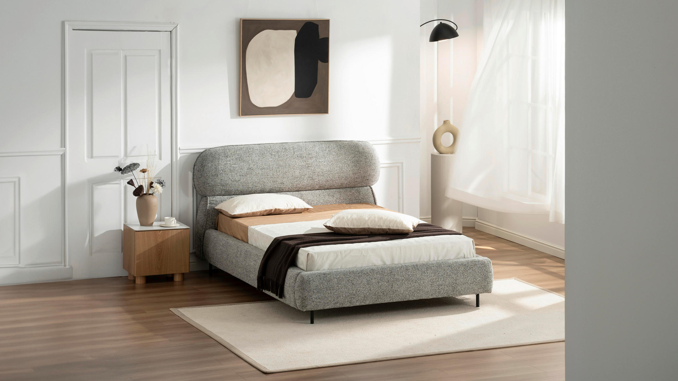 POLSTERBETT gepolstertes Kopfteil, Lattenrost 140/200 cm  in Grau  - Eichefarben/Schwarz, Design, Holz/Textil (140/200cm) - Boxxx