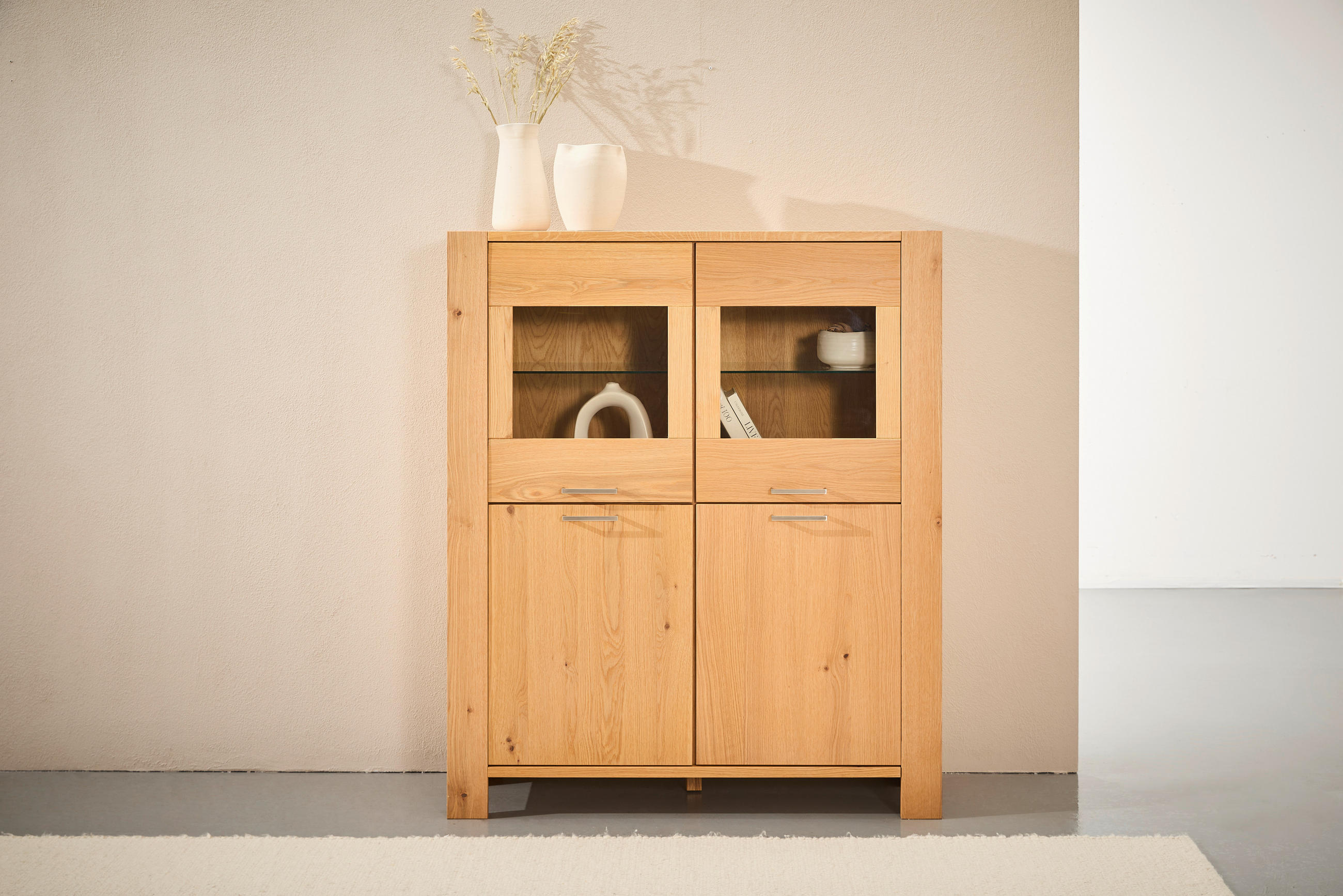 VITRINE in furniert Eiche Klar, Naturfarben  - Klar/Silberfarben, Design, Glas/Holz (121/40/143cm) - MID.YOU