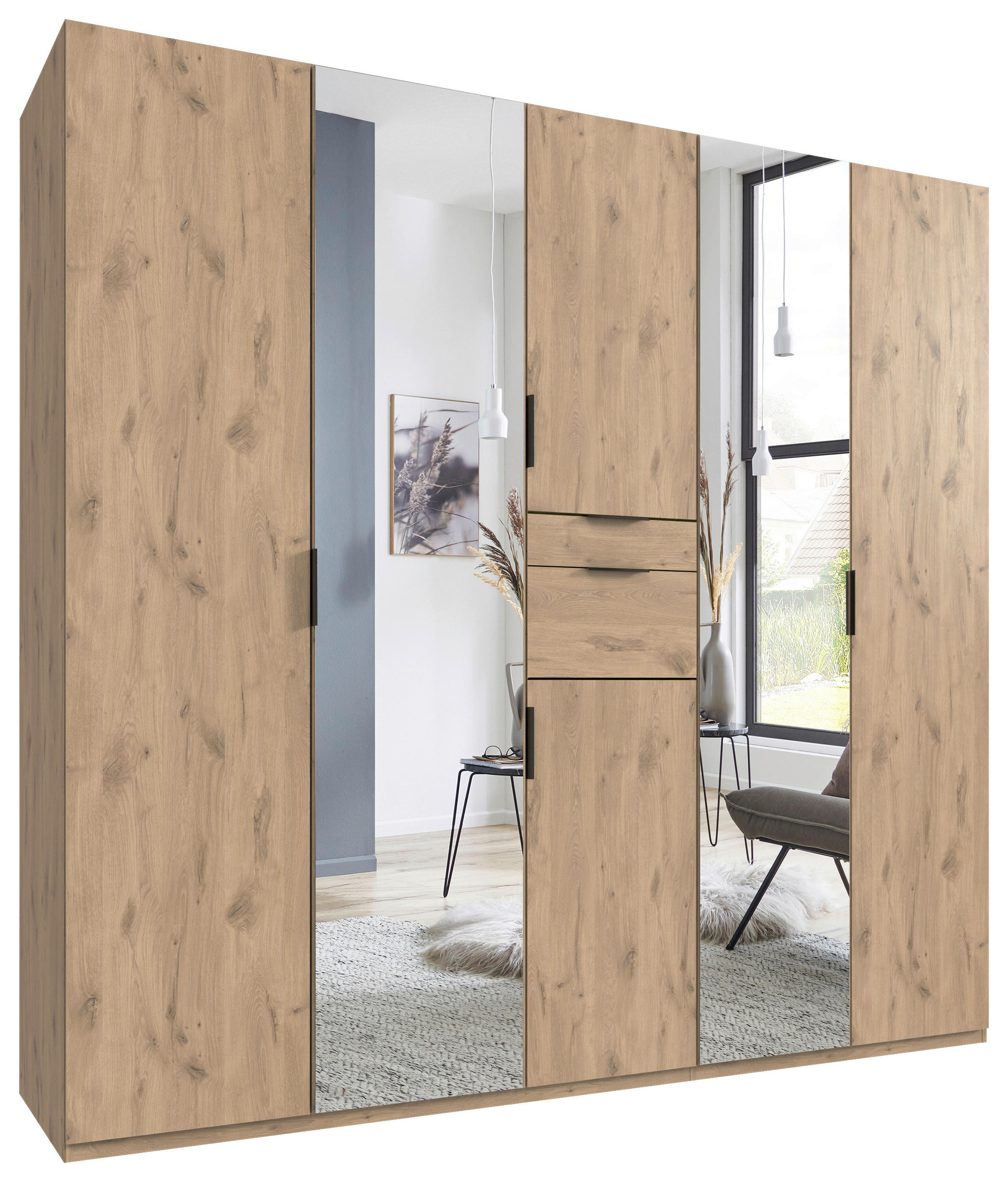 GARDEROB 225/210/58 cm 6-dörrar - svart/ekfärgad, Modern, metall/trämaterial (225/210/58cm) - Boxxx