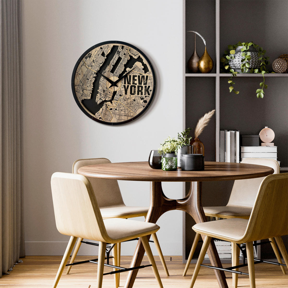 WANDUHR - Schwarz, Eichefarben  - Eichefarben/Schwarz, Basics, Holz/Kunststoff (57cm)