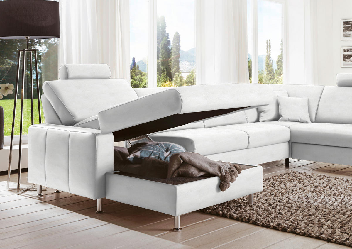 WOHNLANDSCHAFT in Echtleder Weiss  - Weiss/Alufarben, Design, Leder/Metall (165/339/233cm) - Beldomo Premium