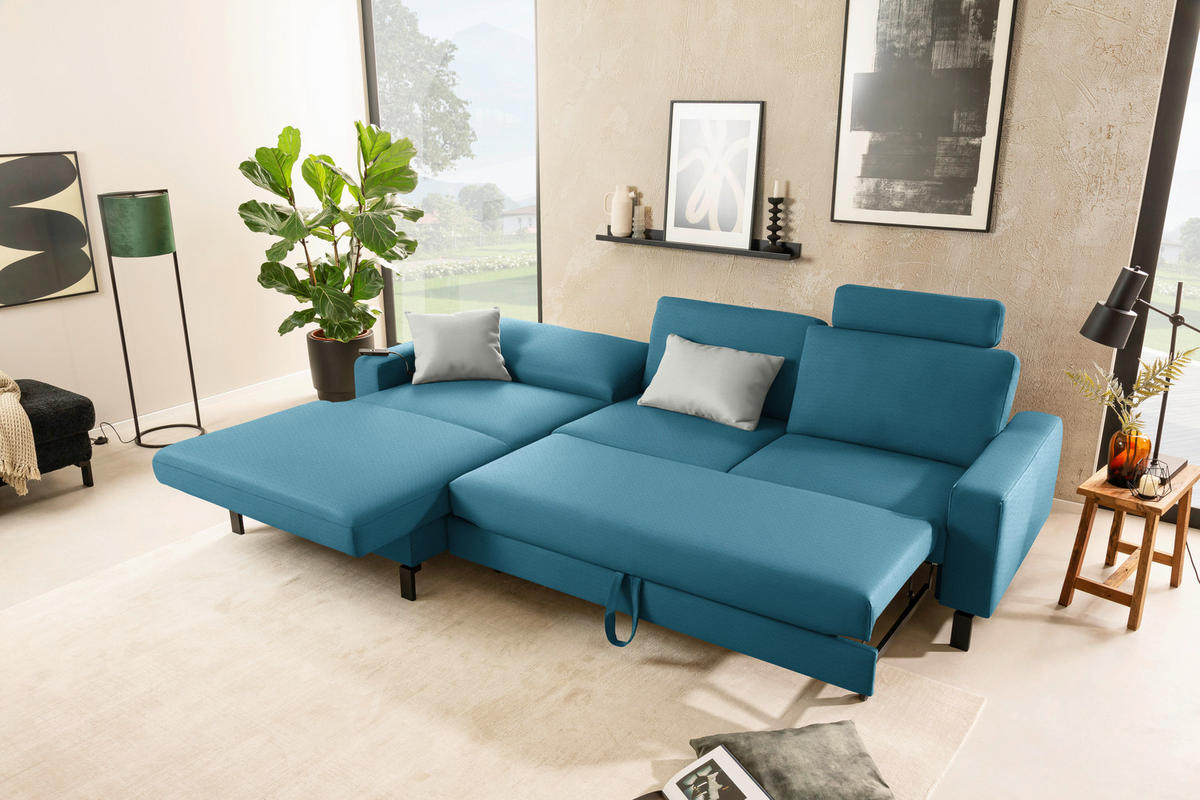 ECKSOFA  in Cord Petrol Rücken echt, Sitztiefenverstellung  185/298 cm  - Petrol/Schwarz, Design, Textil/Metall (185/298cm) - Pure Home Lifestyle