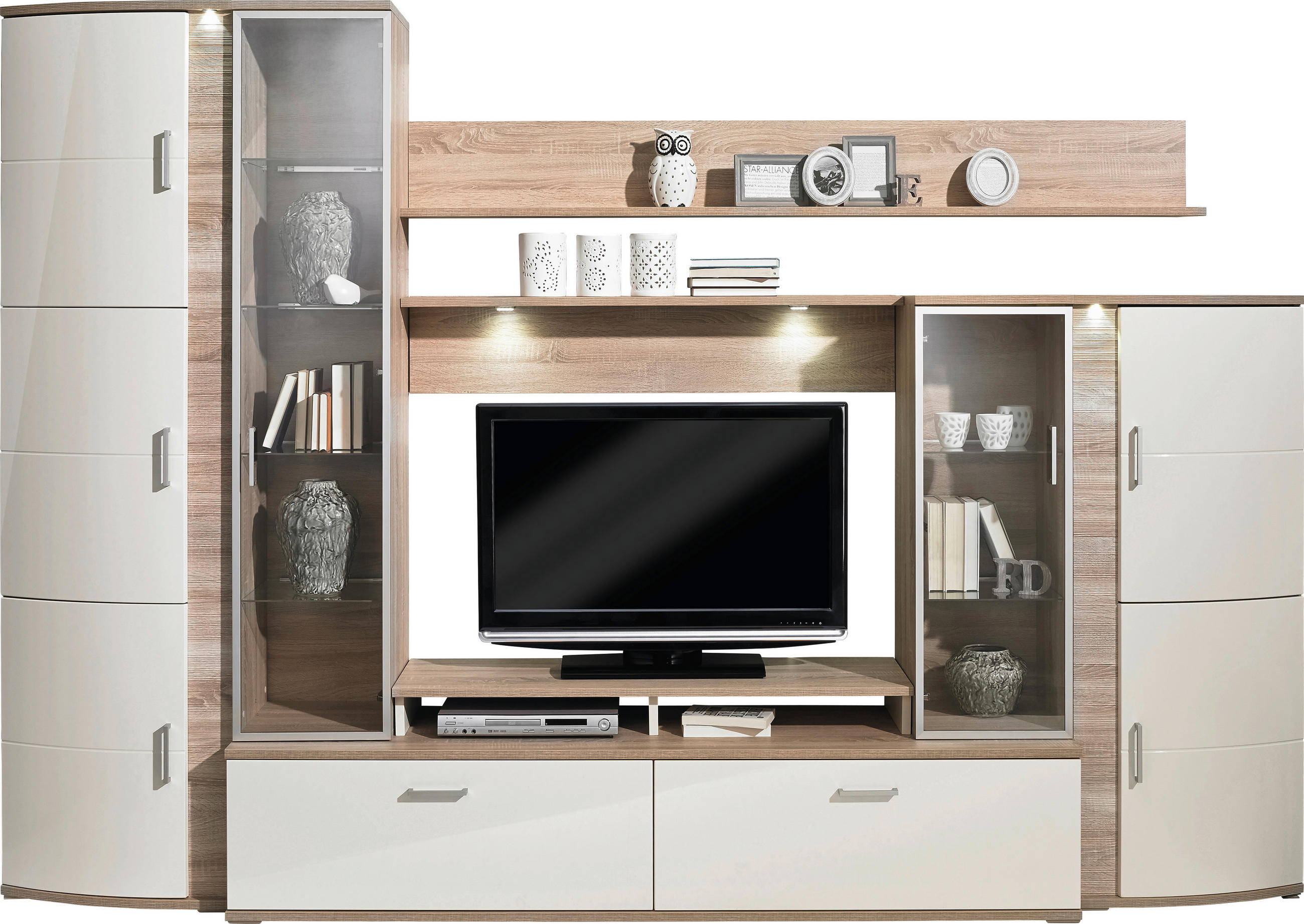 OBÝVACÍ STĚNA, krémová, barvy dubu - barvy stříbra/barvy dubu, Design, kov/kompozitní dřevo (327/217/49cm) - Xora