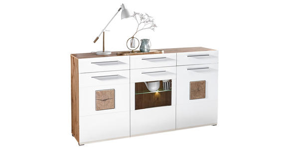 SIDEBOARD Weiß, Eichefarben Beleuchtung - Chromfarben/Eichefarben, KONVENTIONELL, Glas/Holz (180/98/43cm) - Hom`in