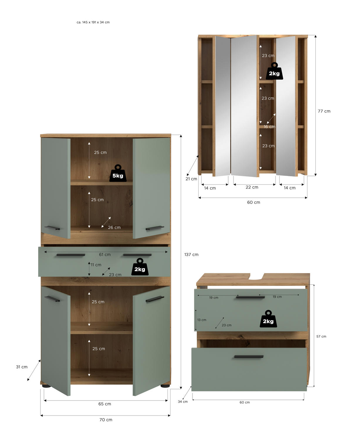 BADEZIMMER 3-teilig  in 145 cm  - Salbeigrün/Schwarz, Trend, Glas/Holzwerkstoff (145cm) - MID.YOU