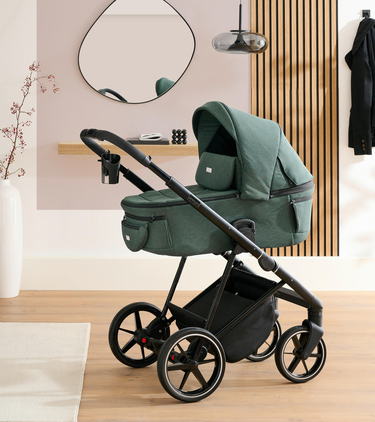 KINDERWAGENSET  - Waldgrün/Schwarz, Basics, Textil/Metall (57,5/116/101cm) - Jimmylee