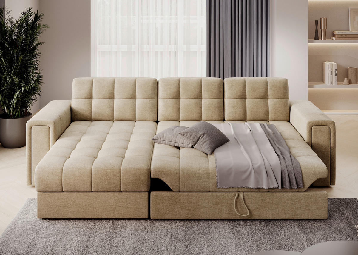 ECKSOFA Samt Hellbraun  - Hellbraun/Schwarz, Design, Kunststoff/Textil (260/150cm) - MID.YOU