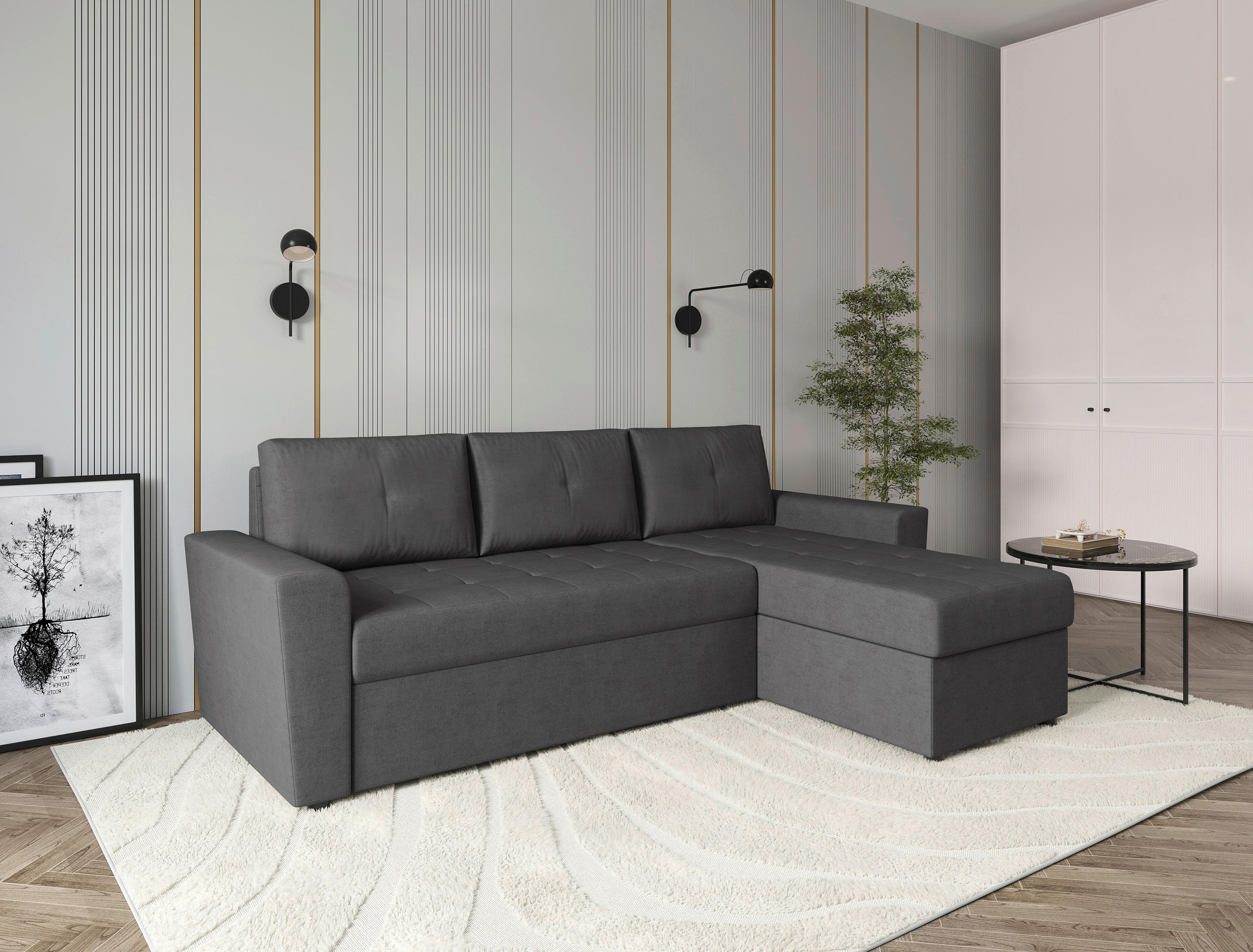 ECKSOFA TERMOLI Grau Jacquard Rückenkissen, Bettkasten  - Schwarz/Grau, Design, Kunststoff/Textil (231/155cm) - MID.YOU