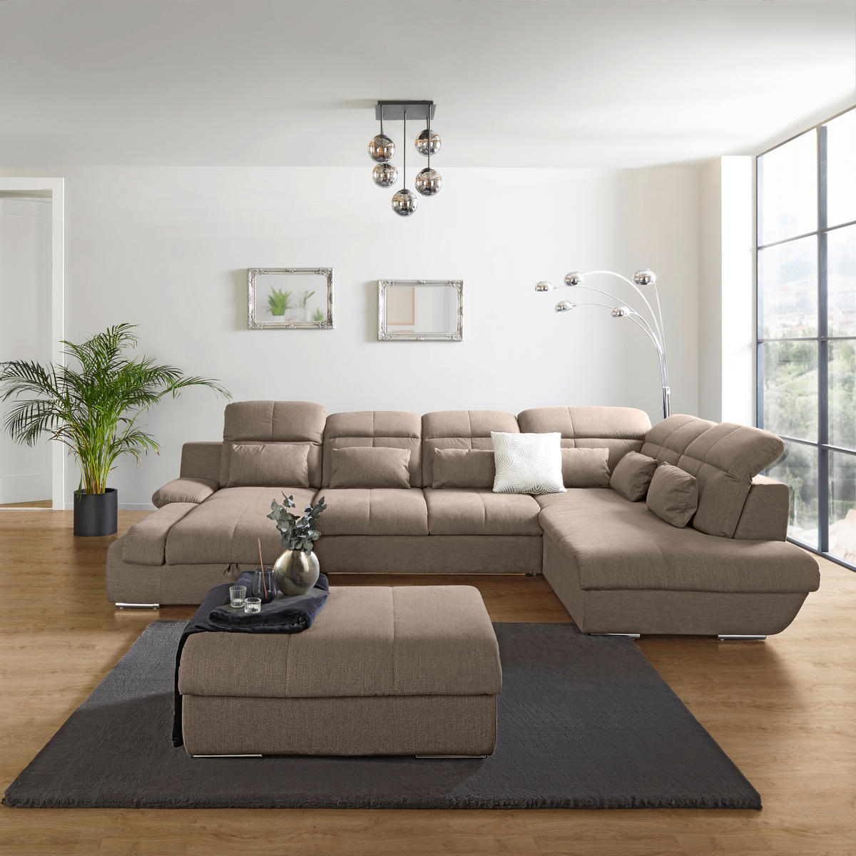 WOHNLANDSCHAFT Beige Mikrofaser  - Chromfarben/Dunkelgrau, MODERN, Textil/Metall (184/345/228cm) - MID.YOU