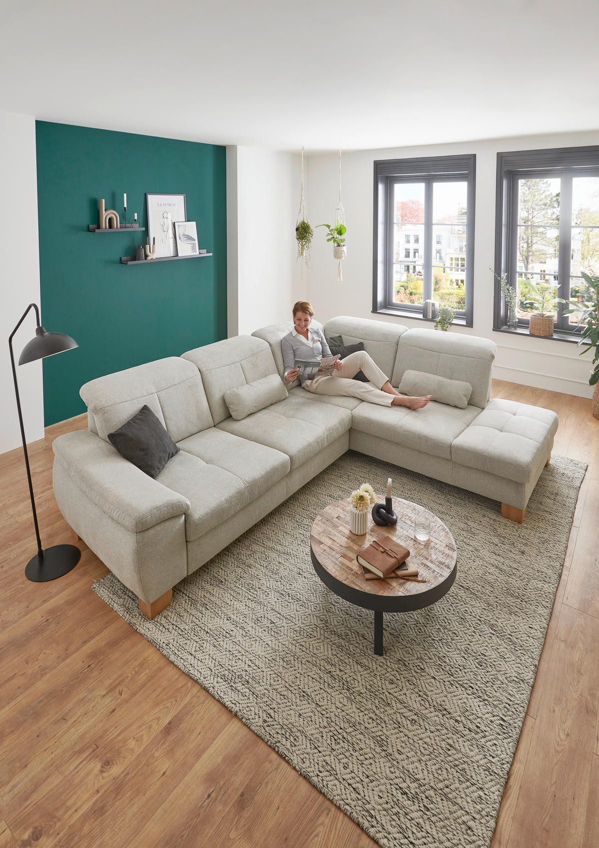 ECKSOFA in Flachgewebe Ecru  - Wildeiche/Ecru, Natur, Holz/Textil (301/243cm) - Voleo