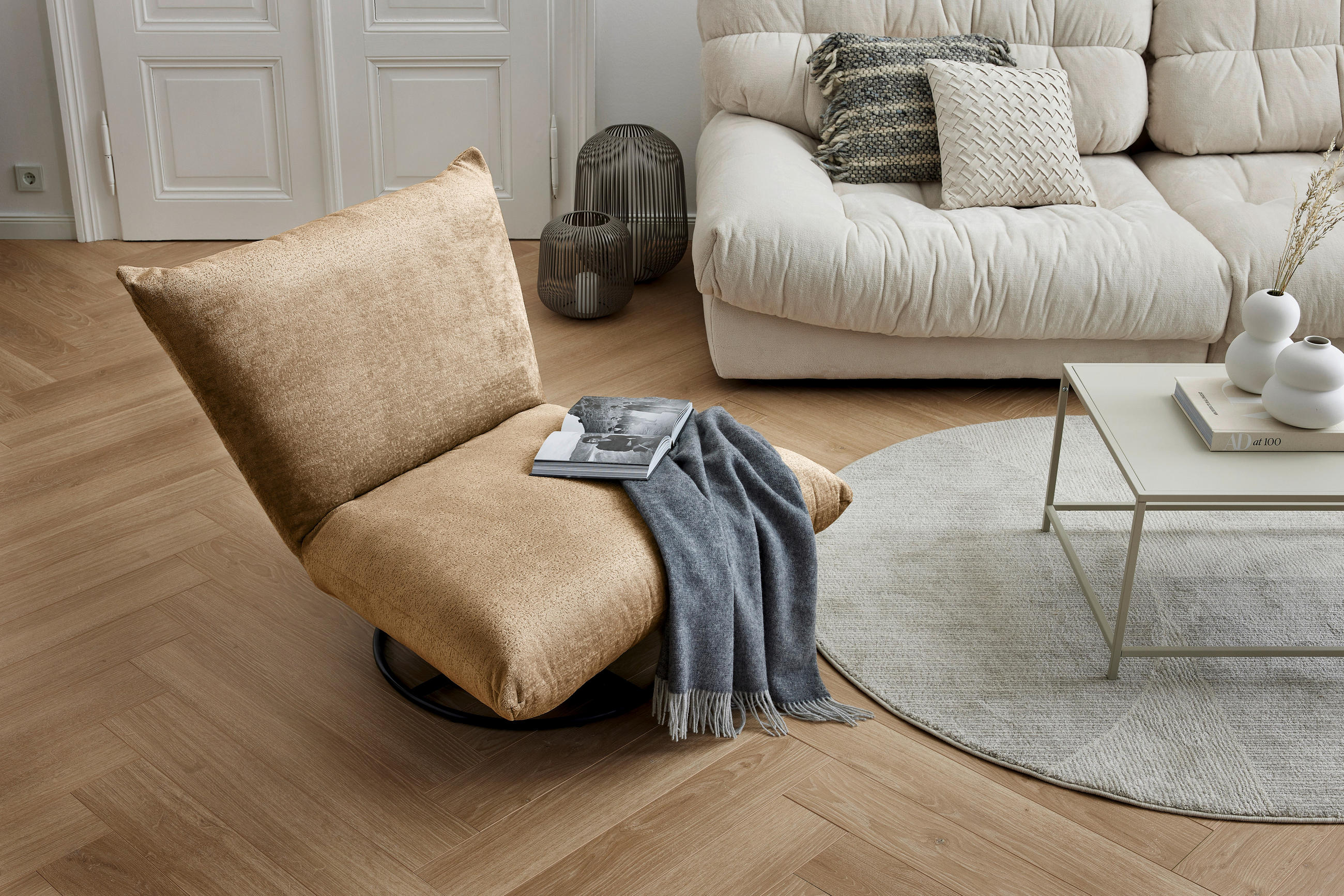 RELAXSESSEL in Textil Hellbraun  - Hellbraun/Schwarz, Design, Textil/Metall (100/78/96cm) - Livetastic