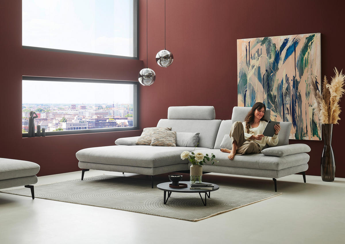 ECKSOFA in Chenille, Flachgewebe Silberfarben  - Silberfarben/Schwarz, Design, Textil/Metall (180/284cm) - Dieter Knoll