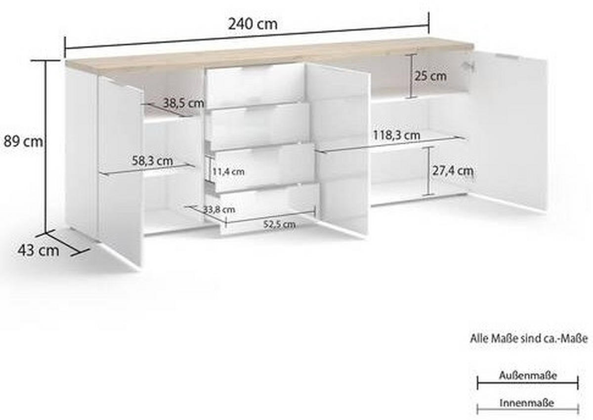 SIDEBOARD 240/43/89 cm  in Weiß Hochglanz  - Eichefarben/Weiß Hochglanz, Design, Holzwerkstoff/Kunststoff (240/43/89cm) - Xora