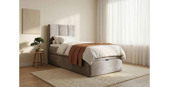 BOXBETT 70/200 cm,  in Graubraun, Matratze, gepolstertes Kopfteil, Bettkasten, Topper, H3 = fest  - Graubraun/Schwarz, Design, Holzwerkstoff/Kunststoff (70/200cm) - Esposa