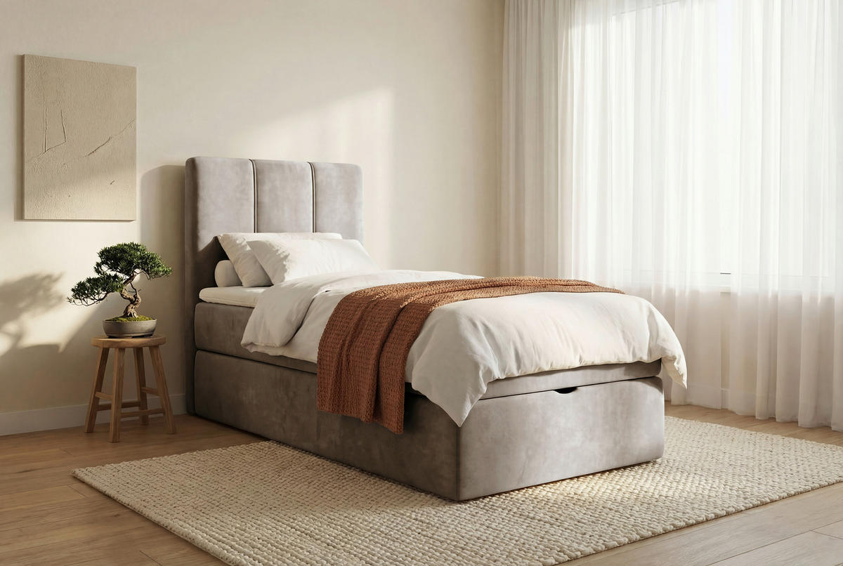 BOXBETT 70/200 cm,  in Graubraun, Matratze, gepolstertes Kopfteil, Bettkasten, Topper, H3 = fest  - Graubraun/Schwarz, Design, Holzwerkstoff/Kunststoff (70/200cm) - Esposa