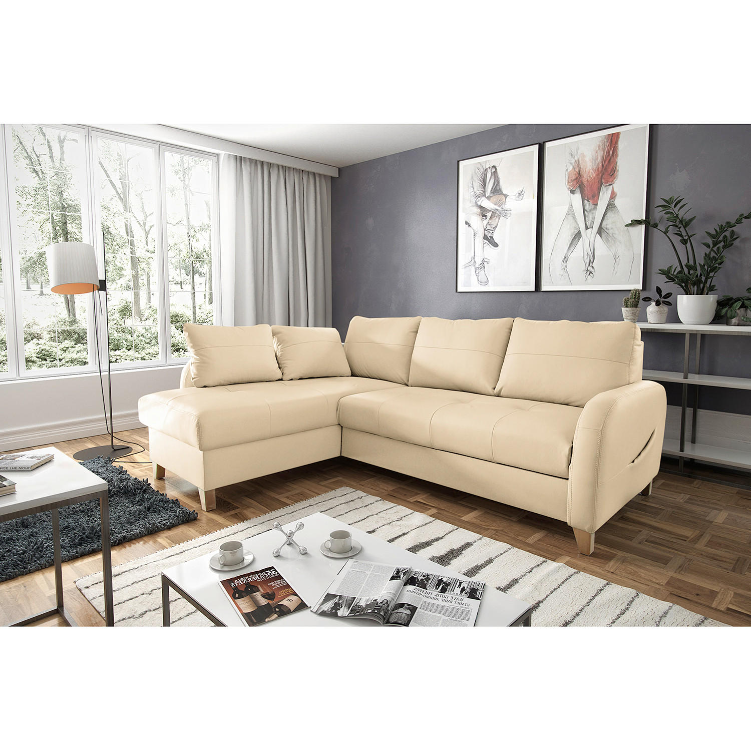 ECKSOFA Beige Echtleder Lederlook Rücken echt  - Beige/Buchefarben, Design, Leder/Holz (168/227cm) - Livetastic