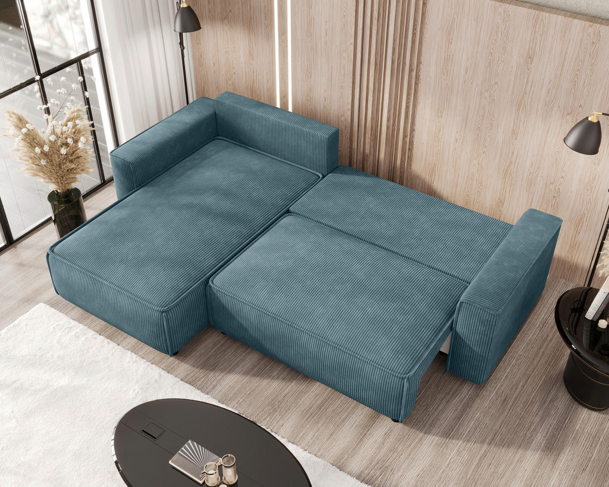 ECKSOFA 190/280 cm MERO in Cord Blau Zierkissen, Rückenkissen, Bettkasten  190/280 cm  - Blau/Schwarz, MODERN, Kunststoff/Textil (190/280cm) - MID.YOU