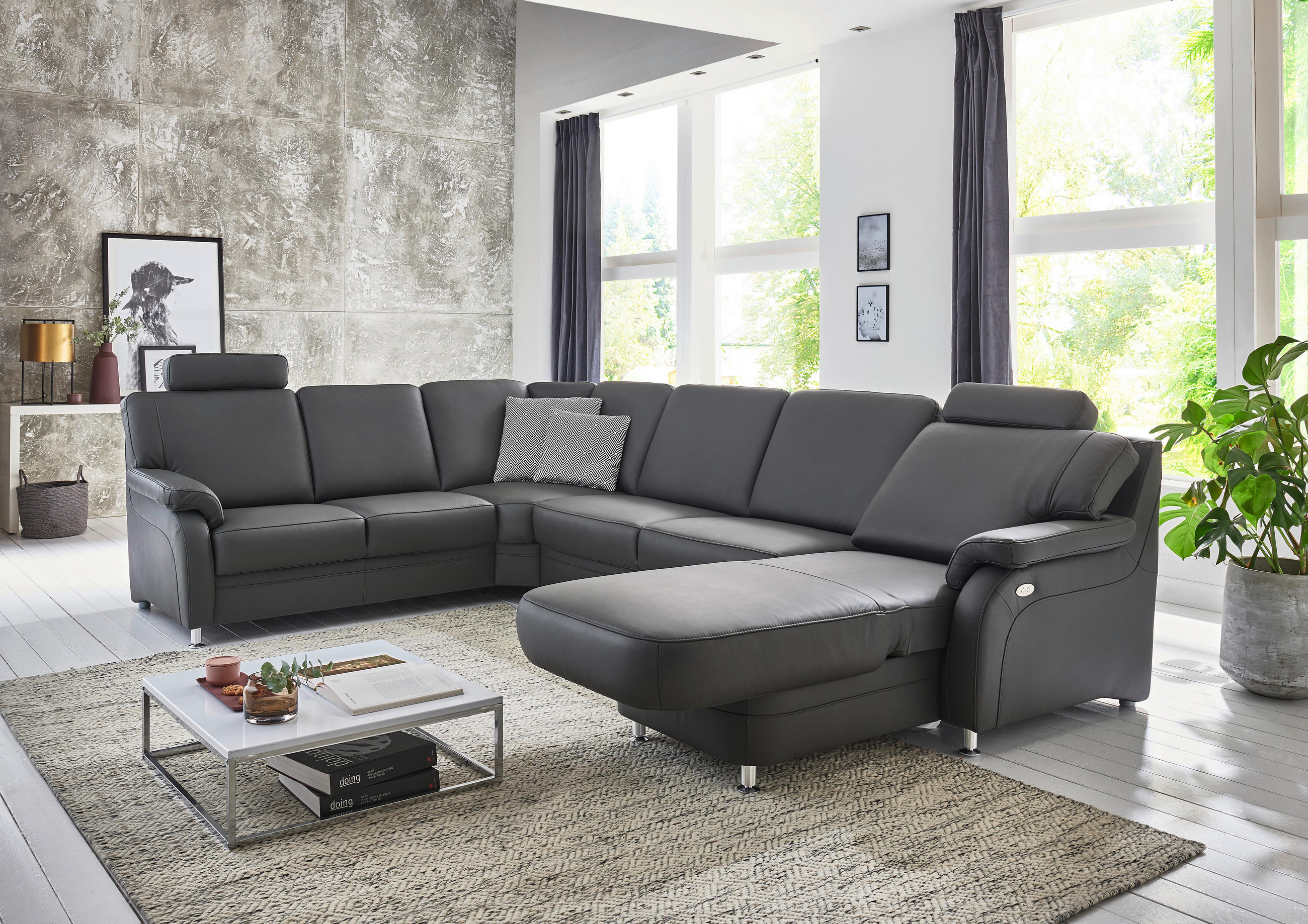 WOHNLANDSCHAFT in Echtleder Brombeere  - Brombeere/Alufarben, Konventionell, Leder/Metall (165/329/239cm) - Beldomo Premium