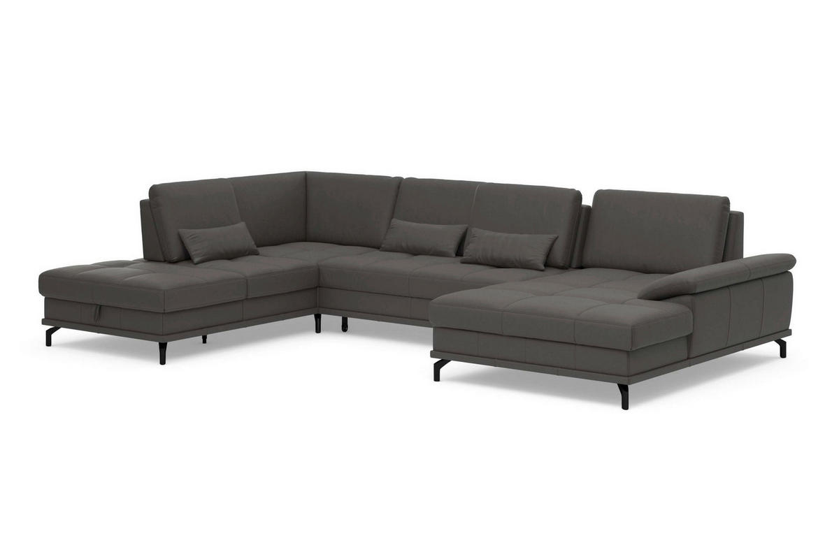 WOHNLANDSCHAFT COSTELLO E Mokka Kombination Echtleder/Stoff Mikrofaser  - Schwarz/Mokka, Basics, Leder/Textil (223/363/176cm) - Sit & More
