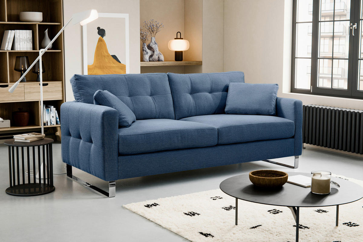 2,5-SITZER HERA Flachgewebe Dunkelblau  - Chromfarben/Dunkelblau, Basics, Textil/Metall (203/92/94cm) - MID.YOU