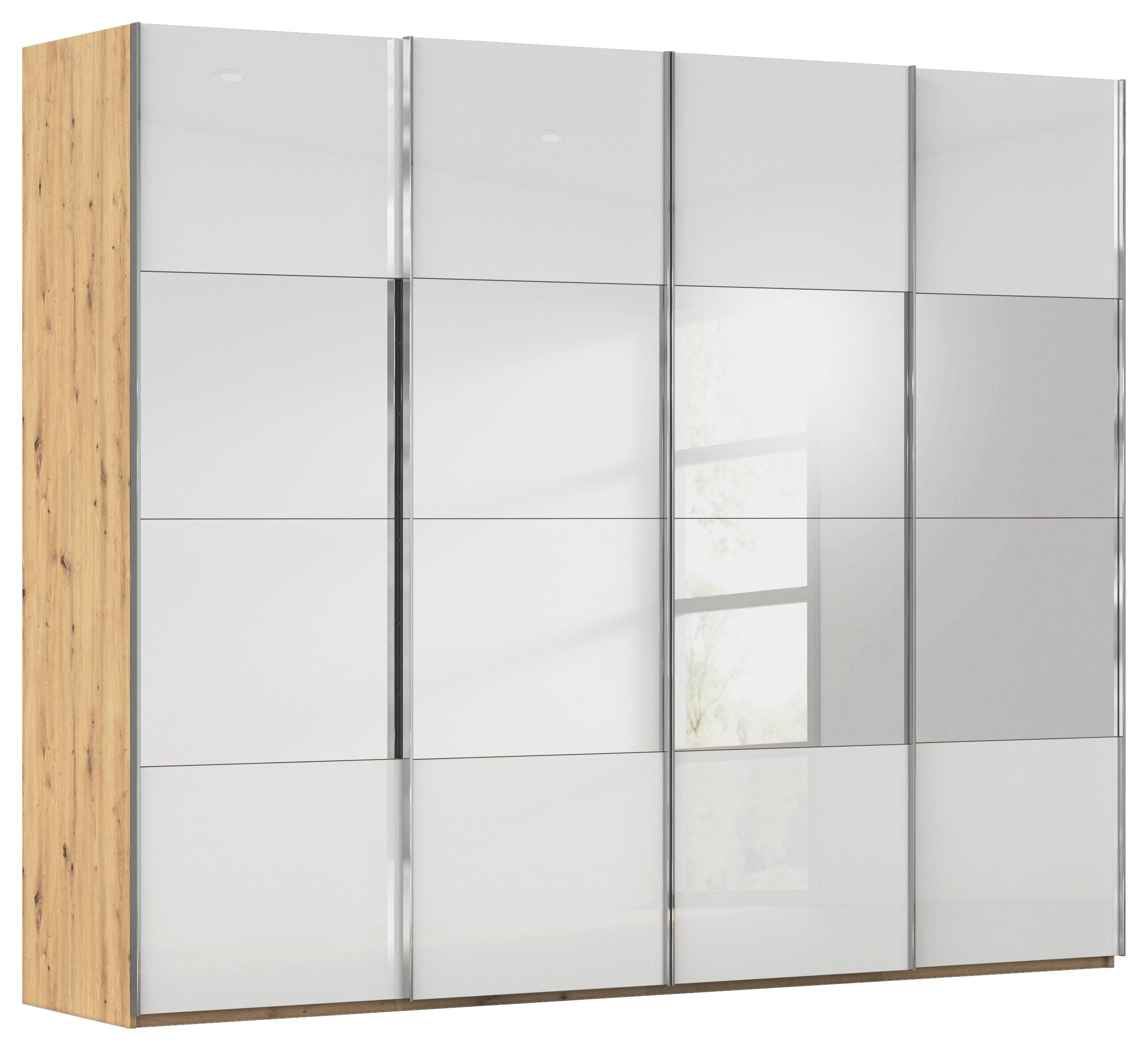 SCHWEBETÜRENSCHRANK 271/235/68 cm 4-türig Weiß, Eiche Artisan  - Chromfarben/Weiß, Design, Glas/Holzwerkstoff (271/235/68cm) - Novel