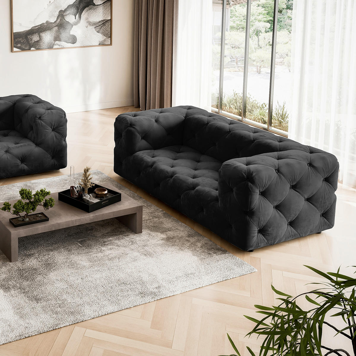 2-SITZER-SOFA Fresco Samt Schwarz  - Schwarz, Design, Kunststoff/Textil (193/71/100cm) - P & B