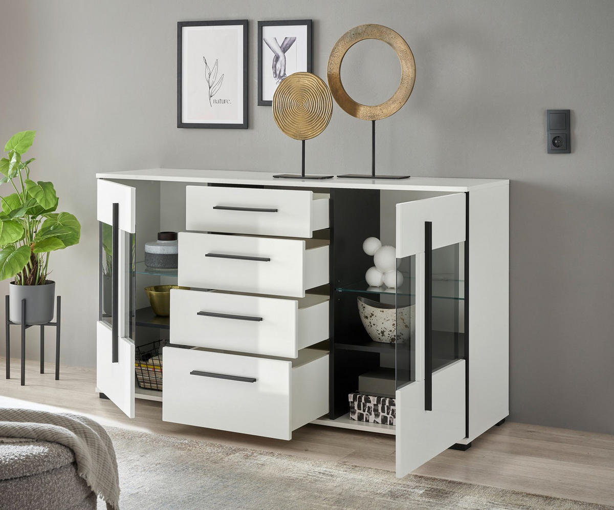 SIDEBOARD  150/86/42 cm 4 Schublade(n)  - Weiß Hochglanz/Schwarz, Design, Glas/Holzwerkstoff (150/86/42cm) - Livetastic