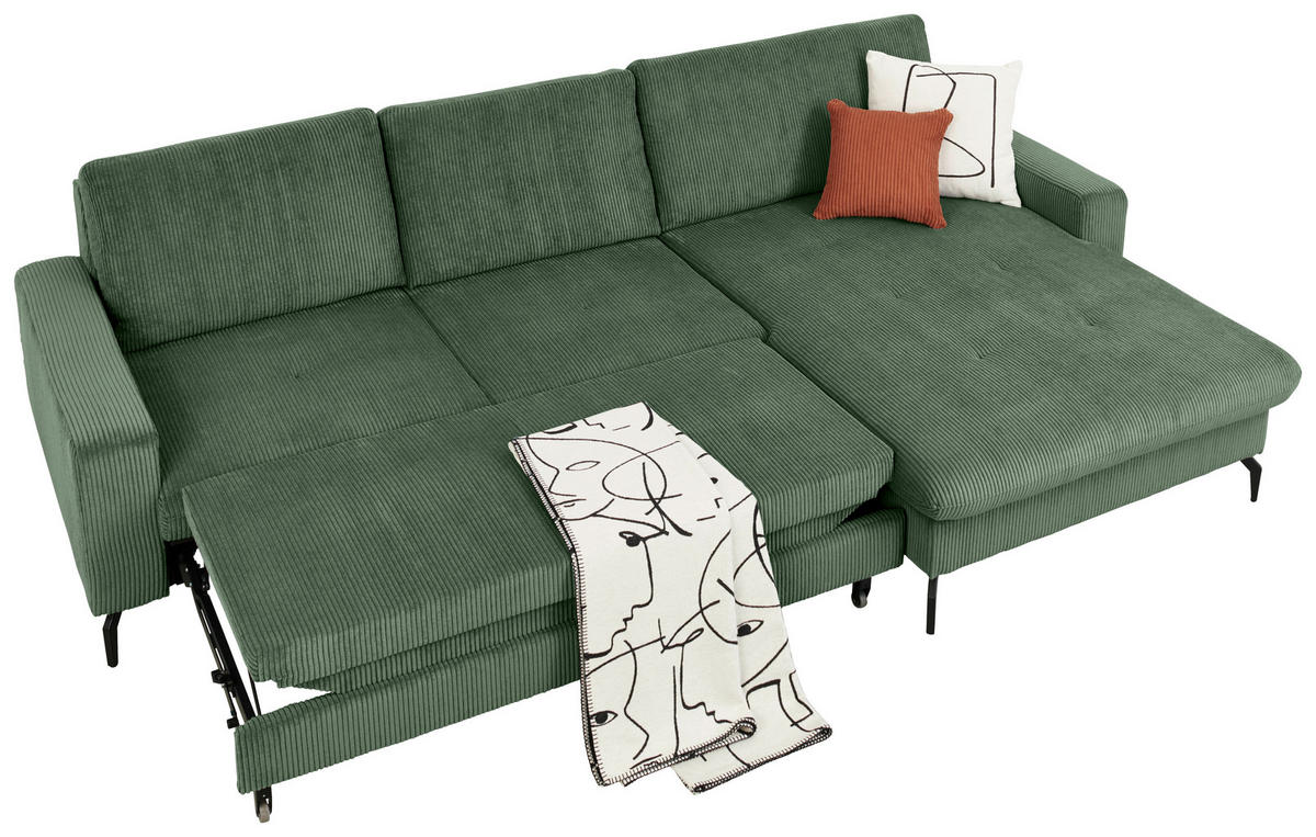 ECKSOFA in Cord Olivgrün  - Schwarz/Olivgrün, Design, Textil/Metall (302/180cm) - Venda